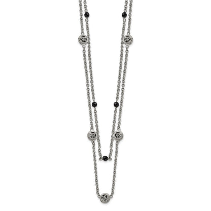 Stainless Steel Polished W/Black Onyx & Acrylic Beads W/2In Ext Necklace