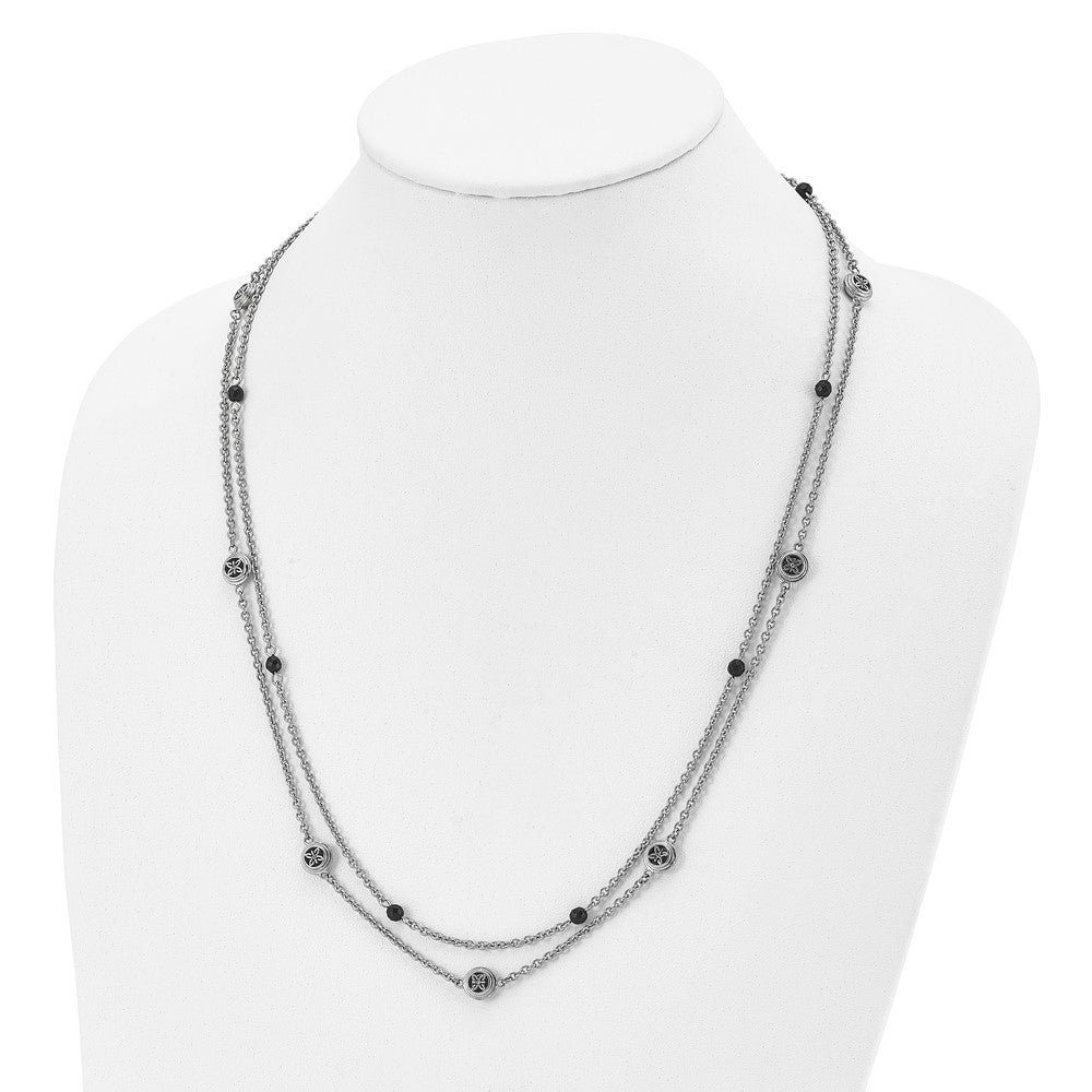 Stainless Steel Polished W/Black Onyx & Acrylic Beads W/2In Ext Necklace