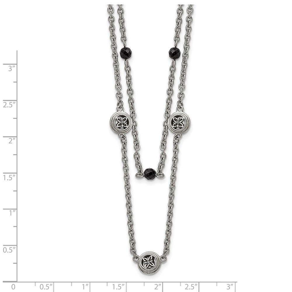 Stainless Steel Polished W/Black Onyx & Acrylic Beads W/2In Ext Necklace