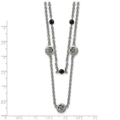 Stainless Steel Polished W/Black Onyx & Acrylic Beads W/2In Ext Necklace