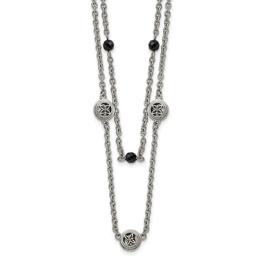 Stainless Steel Polished W/Black Onyx & Acrylic Beads W/2In Ext Necklace