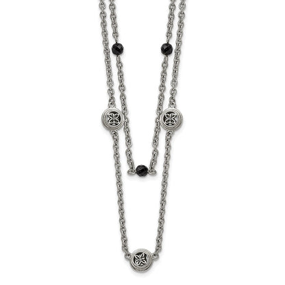Stainless Steel Polished W/Black Onyx & Acrylic Beads W/2In Ext Necklace