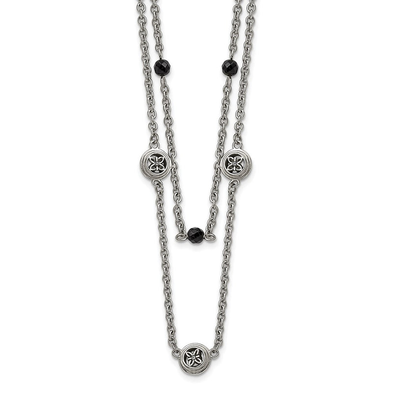 Stainless Steel Polished W/Black Onyx & Acrylic Beads W/2In Ext Necklace