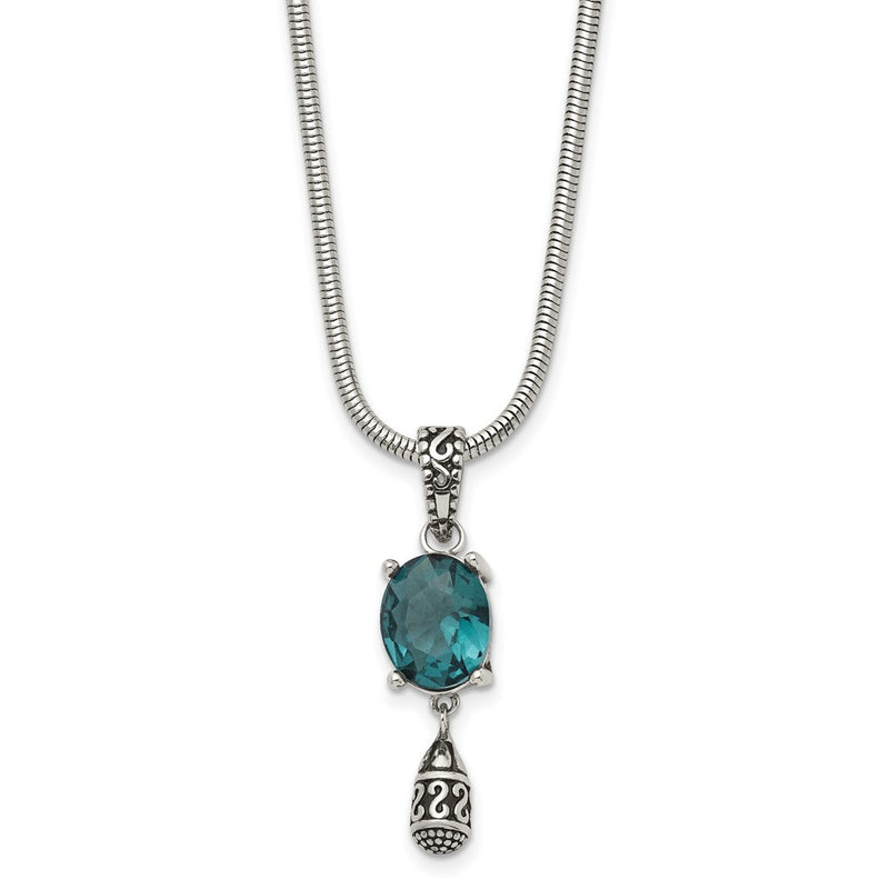 Stainless Steel Antiqued & Polished Blue Glass 18.5In W/2 In Ext. Necklace