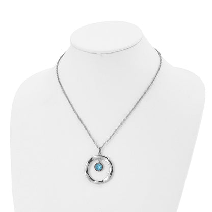 Stainless Steel Polished Blue Glass Circle 18In W/ 2In Ext Necklace
