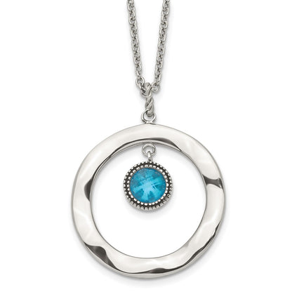 Stainless Steel Polished Blue Glass Circle 18In W/ 2In Ext Necklace