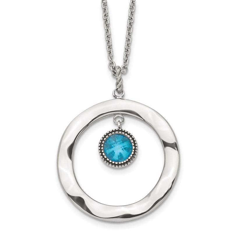 Stainless Steel Polished Blue Glass Circle 18In W/ 2In Ext Necklace