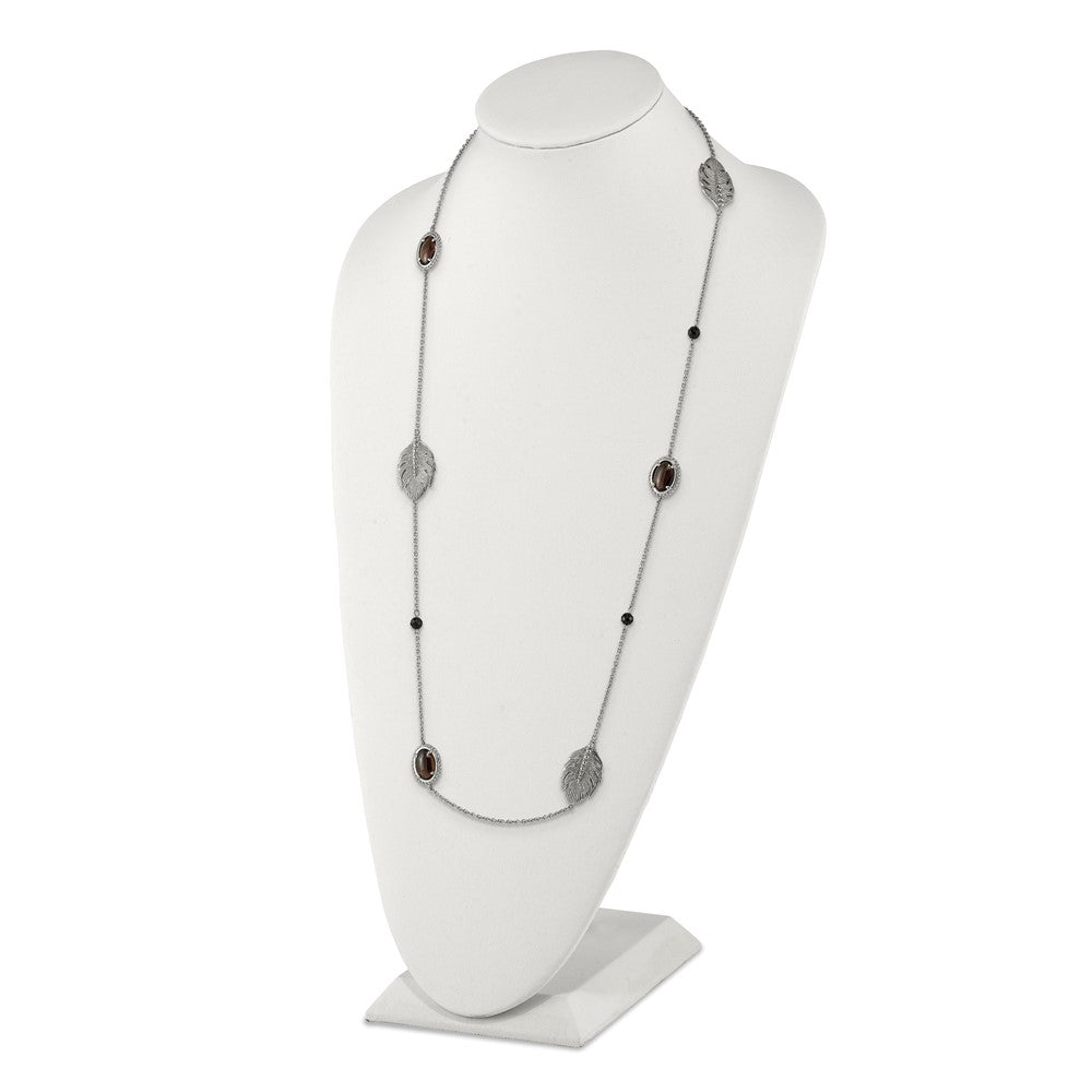 Stainless Steel Polished Leaf Smoky Quartz & Black Onyx W/2In Ext Necklace