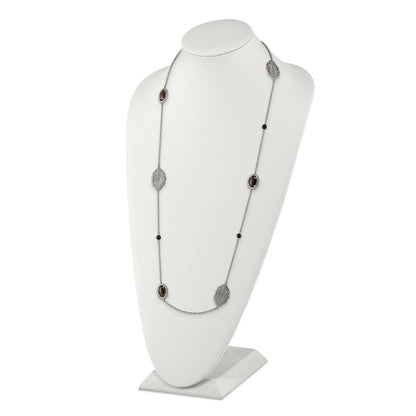 Stainless Steel Polished Leaf Smoky Quartz & Black Onyx W/2In Ext Necklace