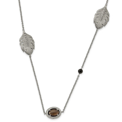Stainless Steel Polished Leaf Smoky Quartz & Black Onyx W/2In Ext Necklace