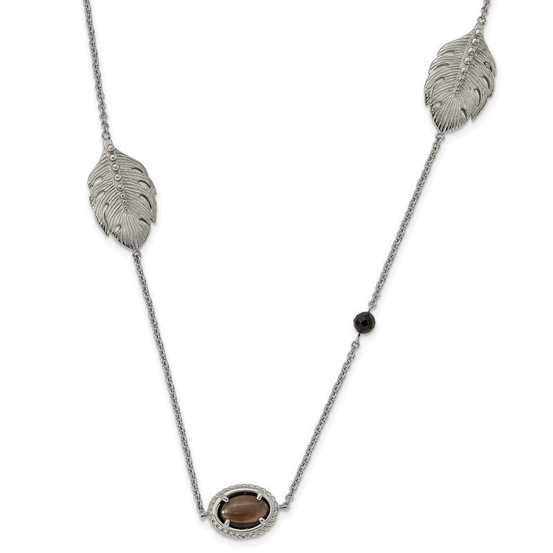 Stainless Steel Polished Leaf Smoky Quartz & Black Onyx W/2In Ext Necklace