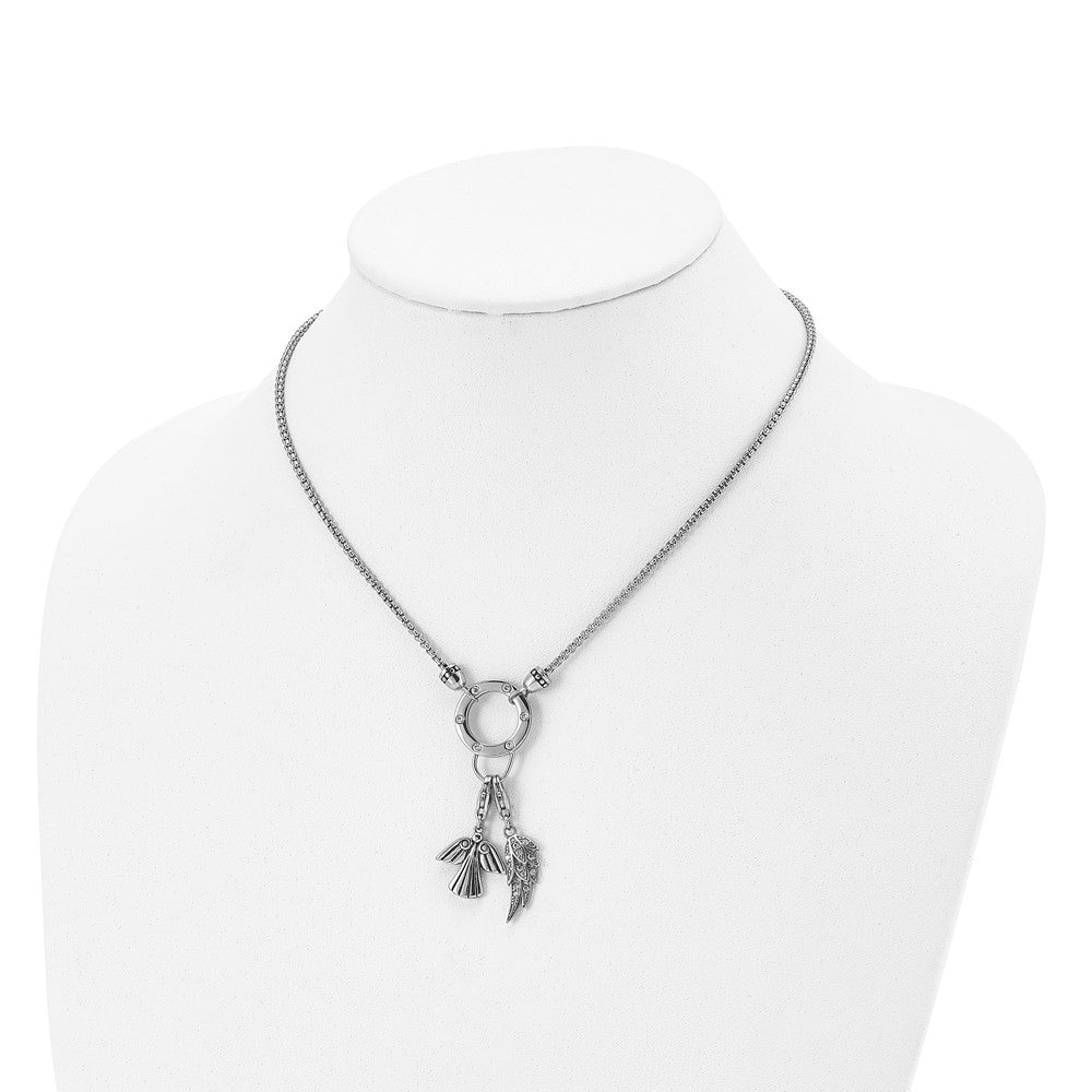Stainless Steel Polished Cz Feather And Angel 17In W/ 2In Ext Necklace