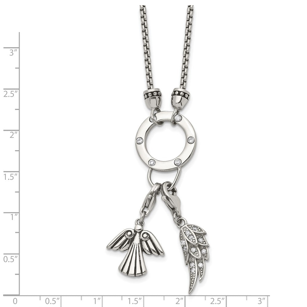 Stainless Steel Polished Cz Feather And Angel 17In W/ 2In Ext Necklace
