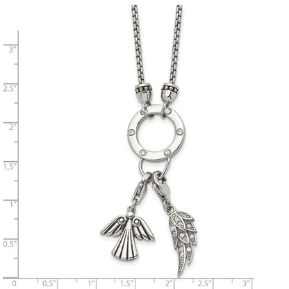 Stainless Steel Polished Cz Feather And Angel 17In W/ 2In Ext Necklace