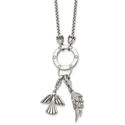 Stainless Steel Polished Cz Feather And Angel 17In W/ 2In Ext Necklace
