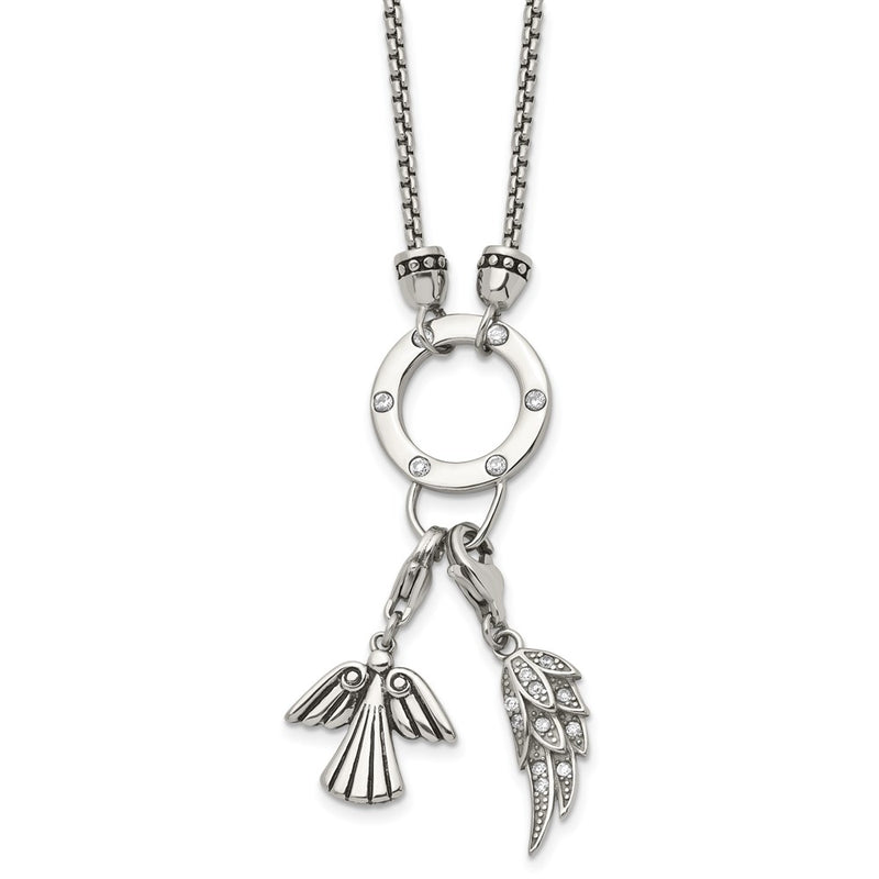 Stainless Steel Polished Cz Feather And Angel 17In W/ 2In Ext Necklace