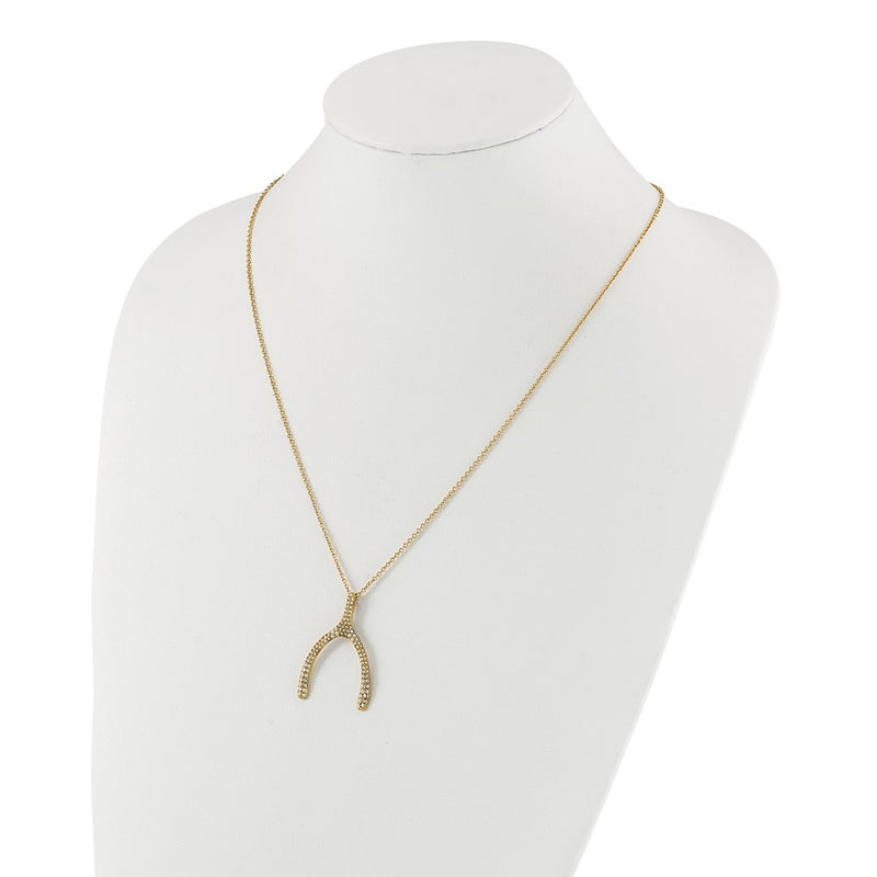 Stainless Steel Polished Yellow Pvd-Plated Crystal Wishbone Necklace