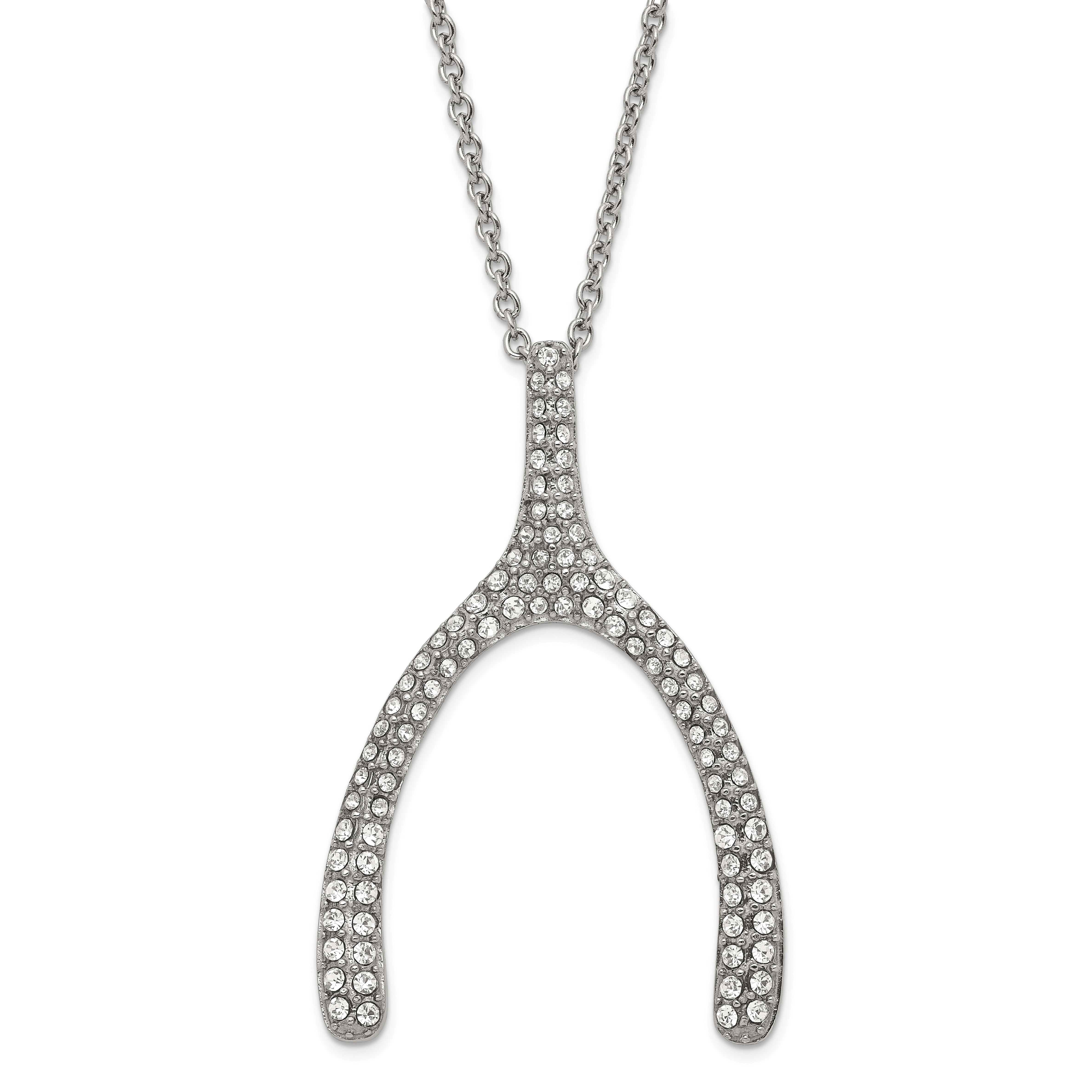 Chisel Stainless Steel Polished Wishbone with Crystals Necklace