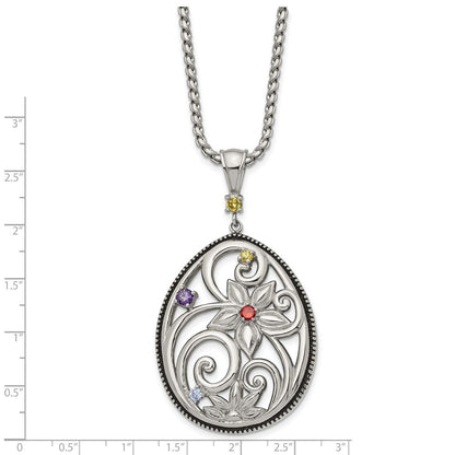 Stainless Steel Antiqued And Polished Multicolor Cz W/1.75In Ext Necklace