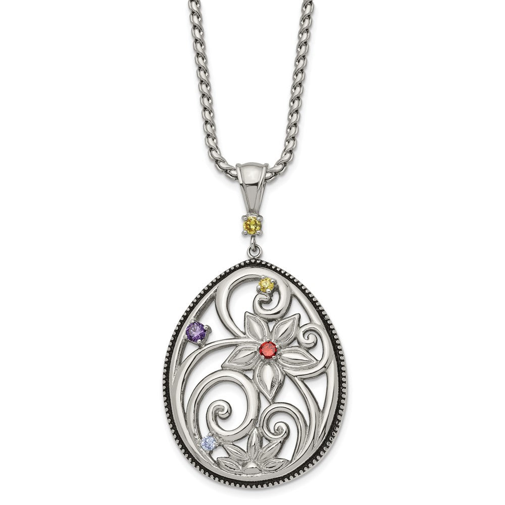 Stainless Steel Antiqued And Polished Multicolor Cz W/1.75In Ext Necklace