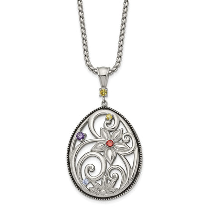 Stainless Steel Antiqued And Polished Multicolor Cz W/1.75In Ext Necklace