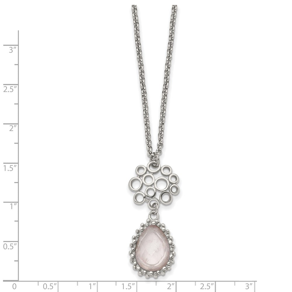 Stainless Steel Polished Rose Quartz 18In W/2In Ext Necklace