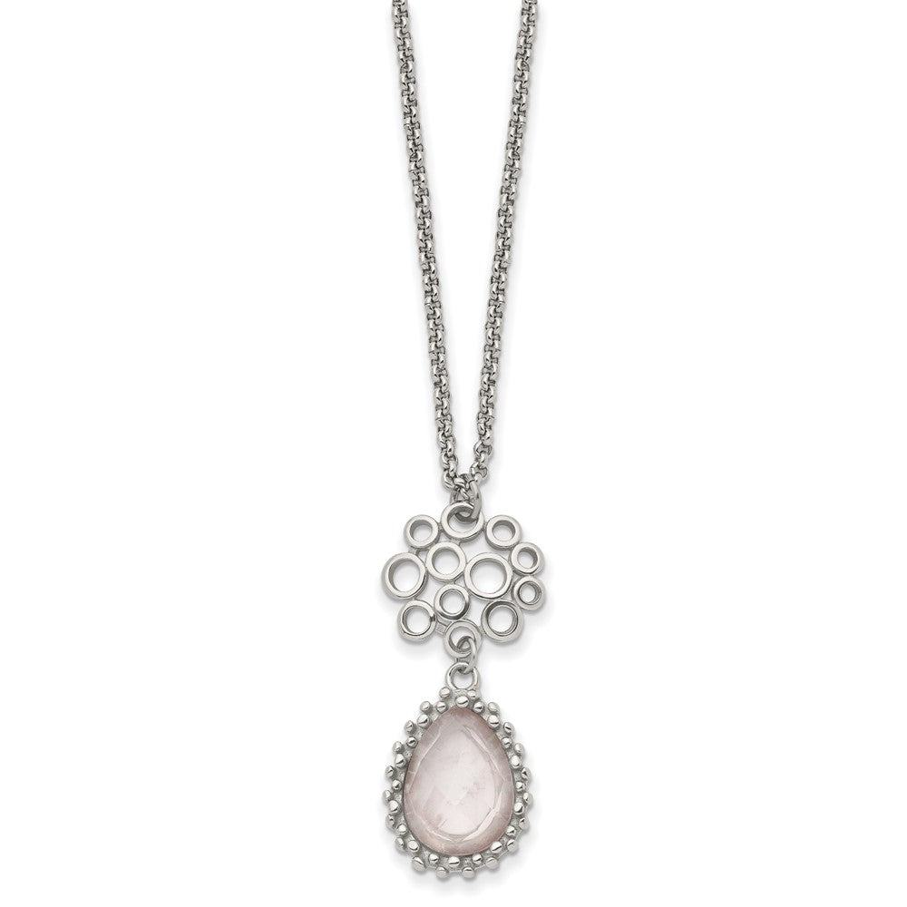 Stainless Steel Polished Rose Quartz 18In W/2In Ext Necklace