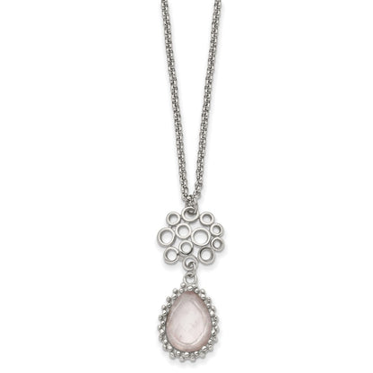 Stainless Steel Polished Rose Quartz 18In W/2In Ext Necklace