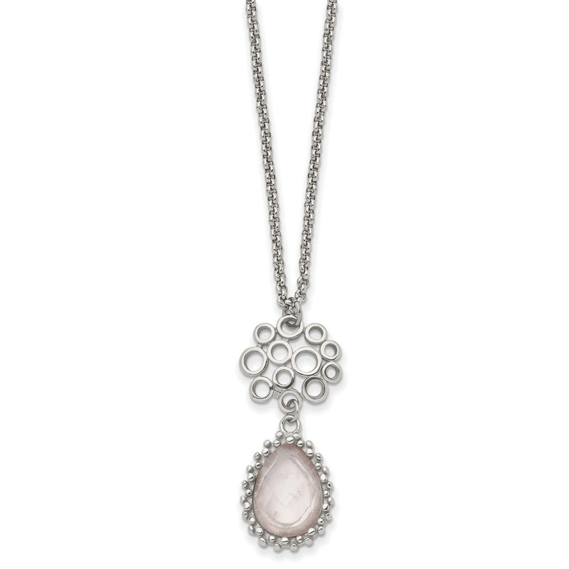 Stainless Steel Polished Rose Quartz 18In W/2In Ext Necklace