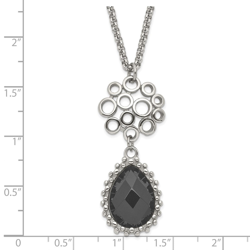 Stainless Steel Polished Circles & Teardrop Onyx W/2In Ext. Necklace