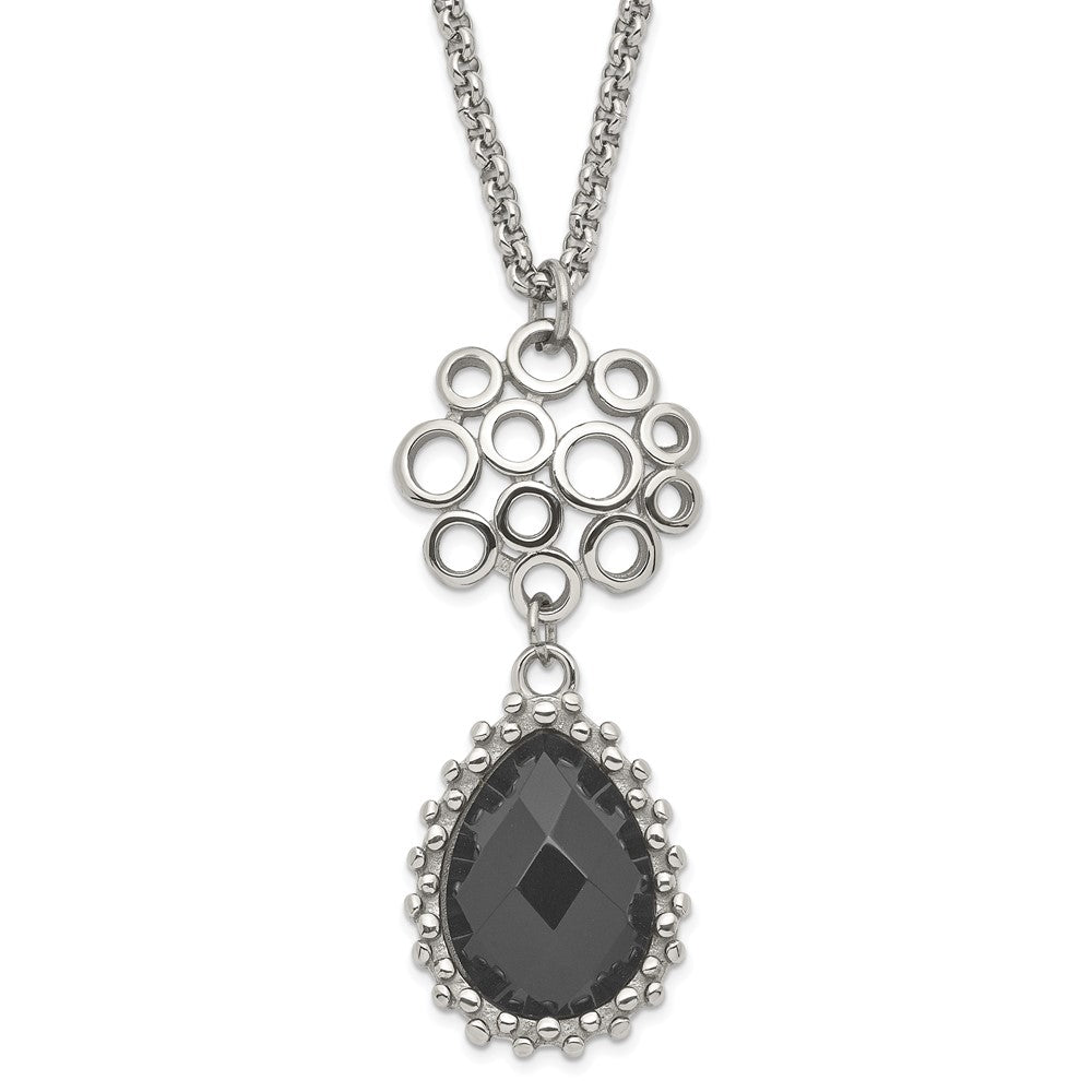Stainless Steel Polished Circles & Teardrop Onyx W/2In Ext. Necklace