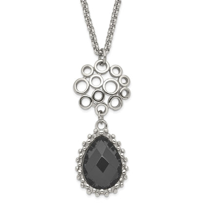 Stainless Steel Polished Circles & Teardrop Onyx W/2In Ext. Necklace