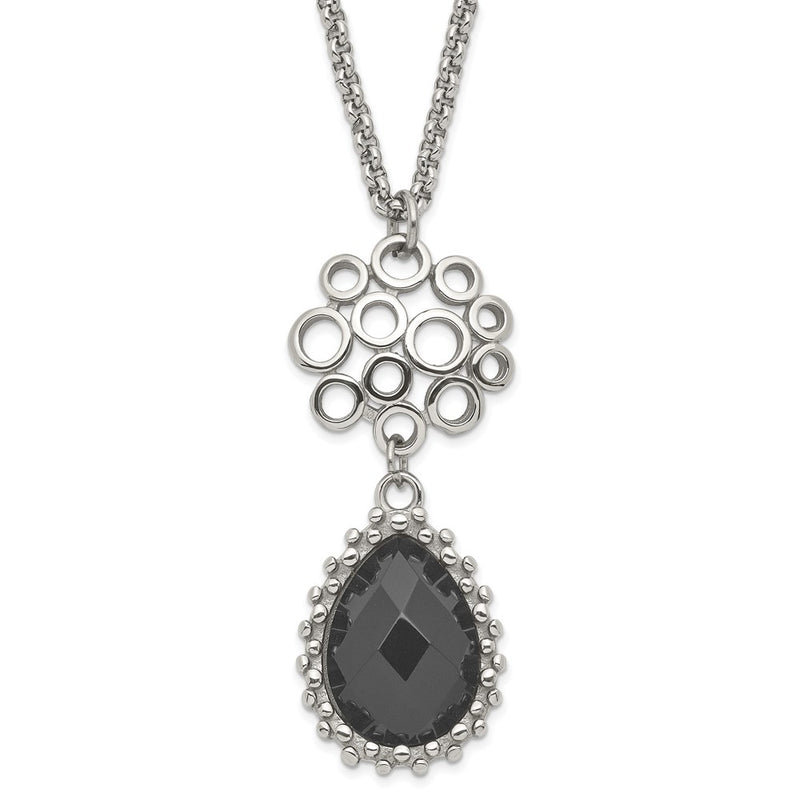 Stainless Steel Polished Circles & Teardrop Onyx W/2In Ext. Necklace