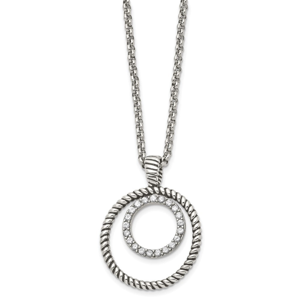 Stainless Steel Antiqued Polished & Textured W/Cz Circle 18In Necklace