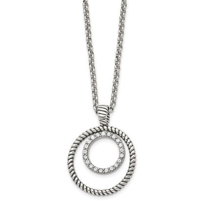 Stainless Steel Antiqued Polished & Textured W/Cz Circle 18In Necklace