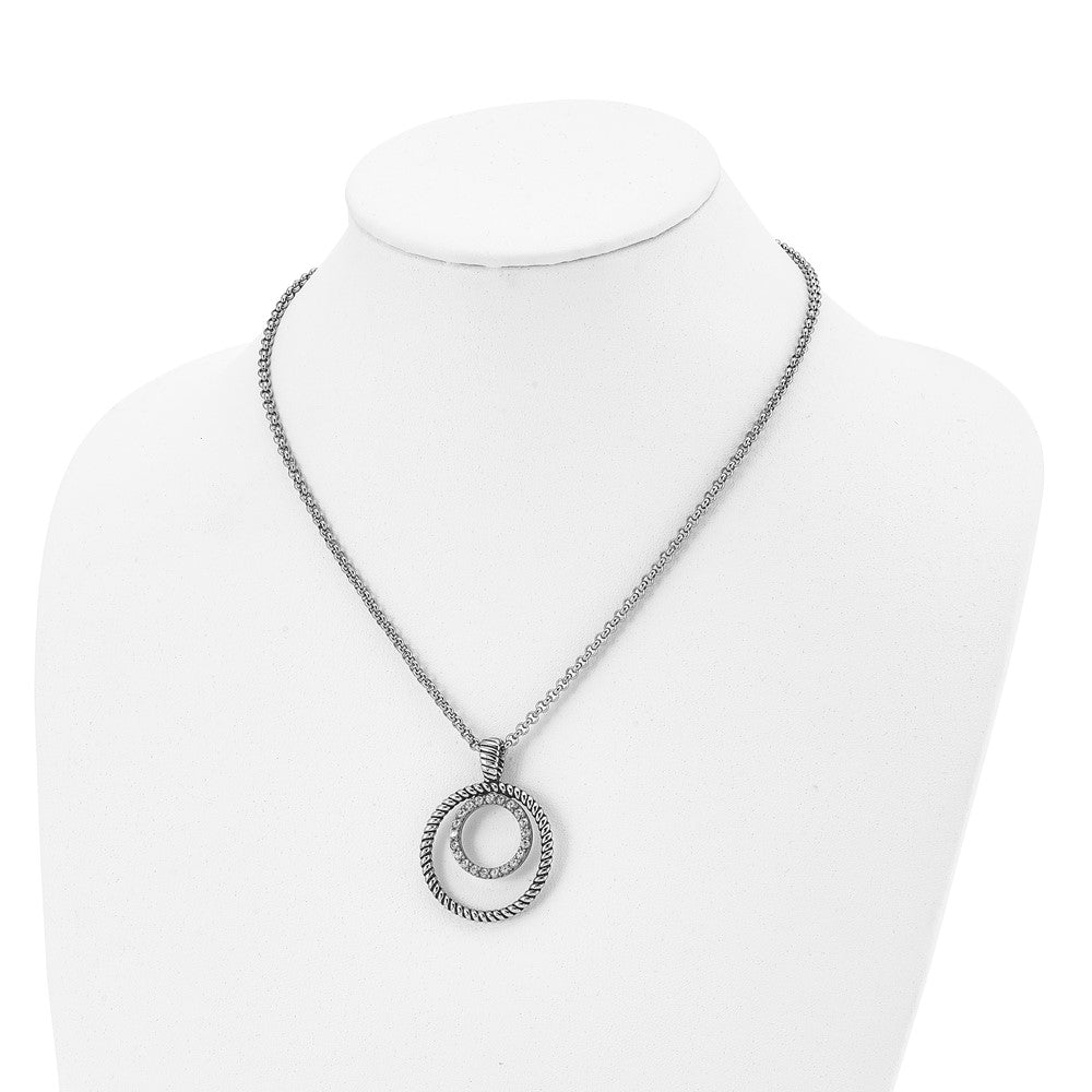 Stainless Steel Antiqued Polished & Textured W/Cz Circle 18In Necklace