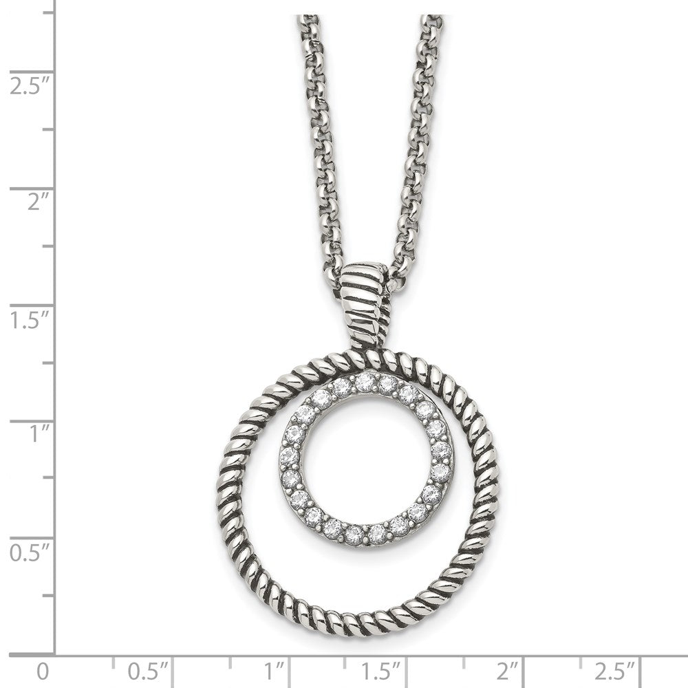 Stainless Steel Antiqued Polished & Textured W/Cz Circle 18In Necklace