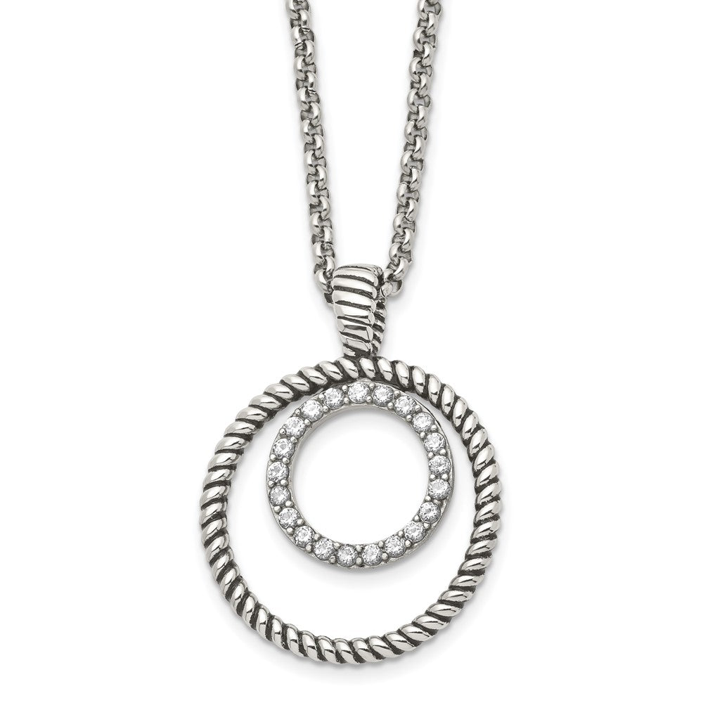 Stainless Steel Antiqued Polished & Textured W/Cz Circle 18In Necklace
