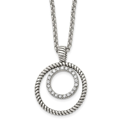 Stainless Steel Antiqued Polished & Textured W/Cz Circle 18In Necklace