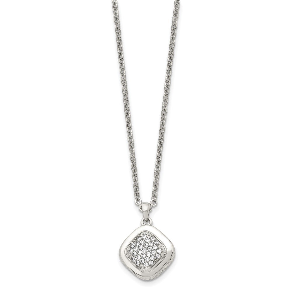 Stainless Steel Polished W/Cz Square 18In W/2In Ext Necklace