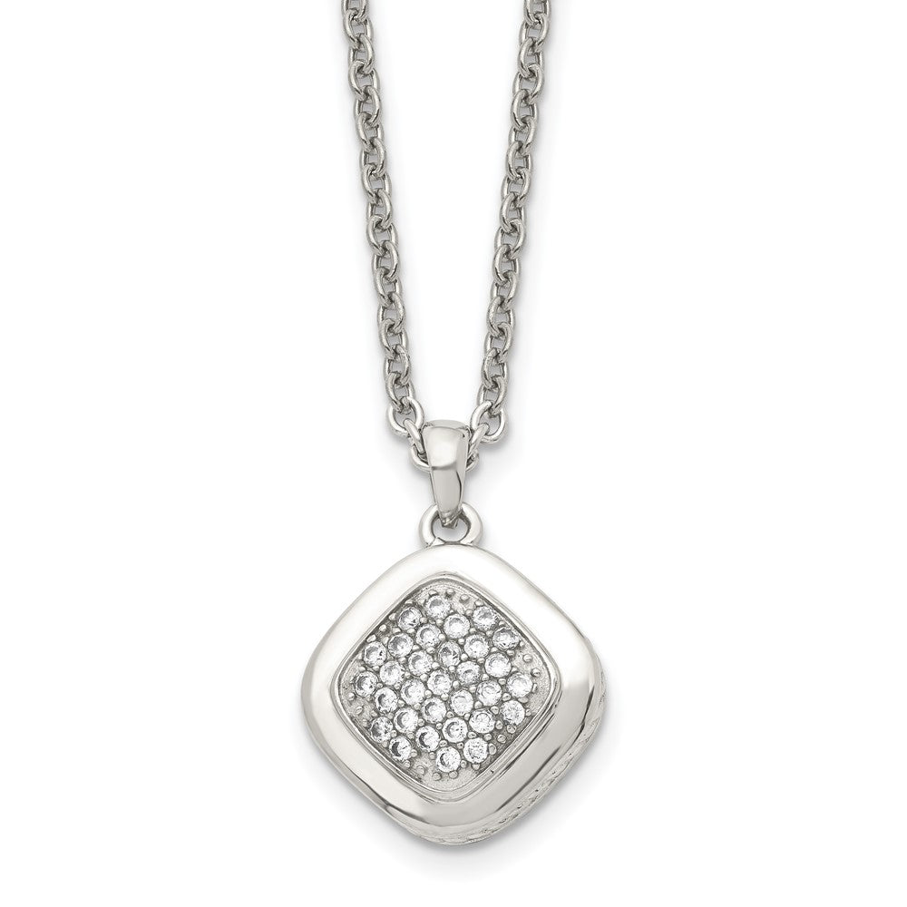 Stainless Steel Polished W/Cz Square 18In W/2In Ext Necklace