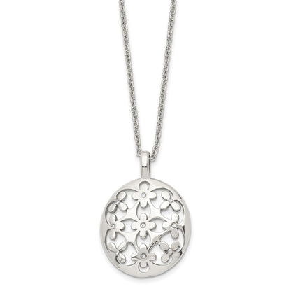 Stainless Steel Polished Circle W/Cz Flowers 18.25In W/2In Ext Necklace