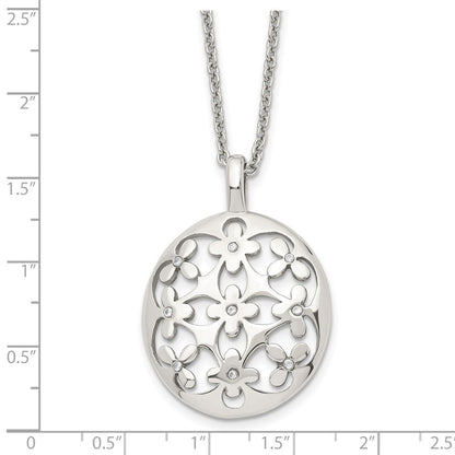 Stainless Steel Polished Circle W/Cz Flowers 18.25In W/2In Ext Necklace