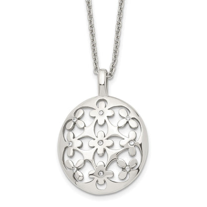 Stainless Steel Polished Circle W/Cz Flowers 18.25In W/2In Ext Necklace