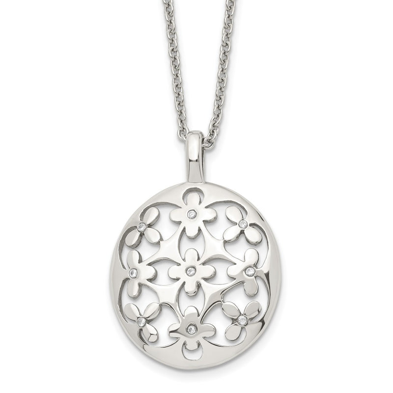 Stainless Steel Polished Circle W/Cz Flowers 18.25In W/2In Ext Necklace