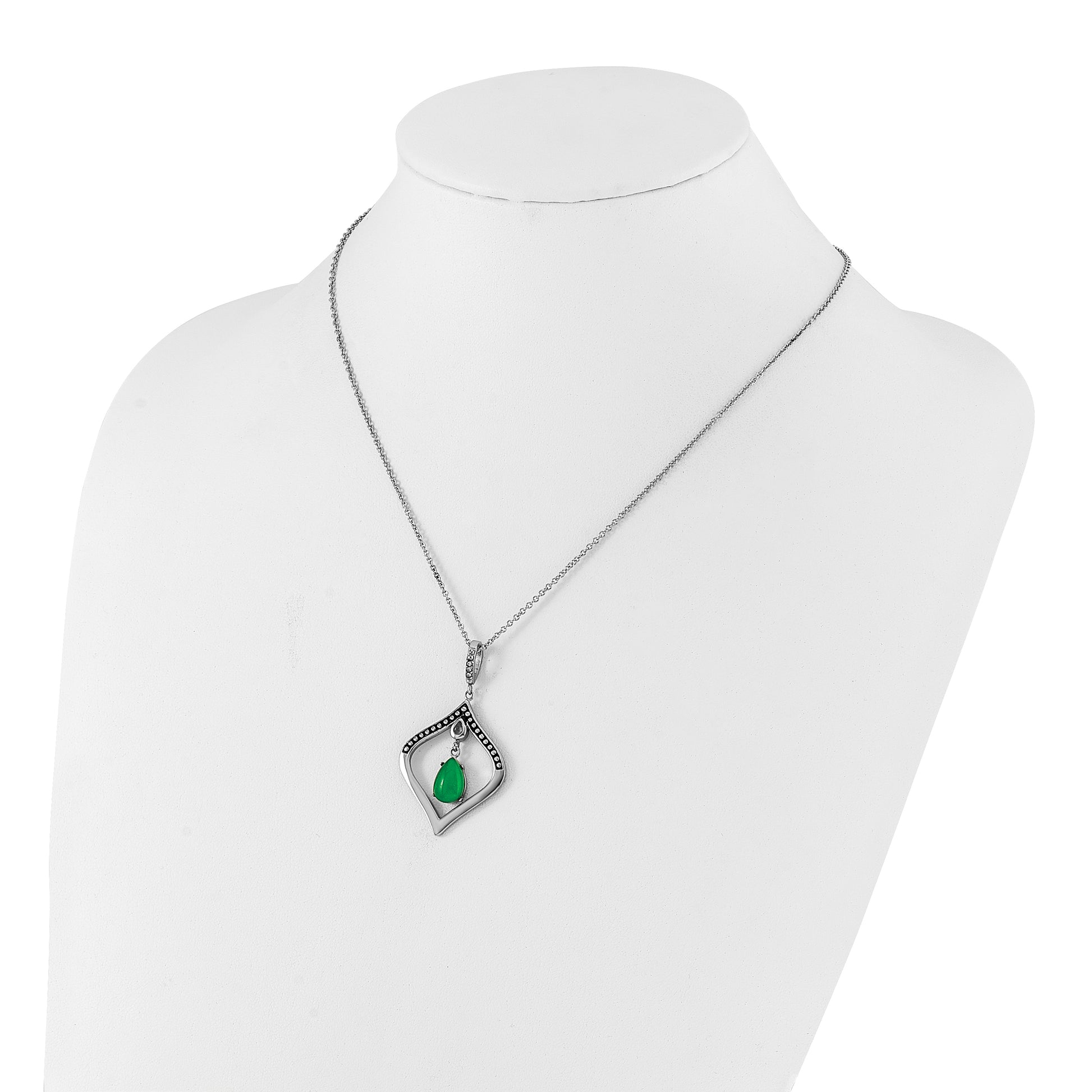 Stainless Steel Polished & Antiqued Synthetic Dyed Jade Cz W/2In Ext. Necklace