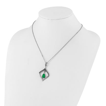 Stainless Steel Polished & Antiqued Synthetic Dyed Jade Cz W/2In Ext. Necklace