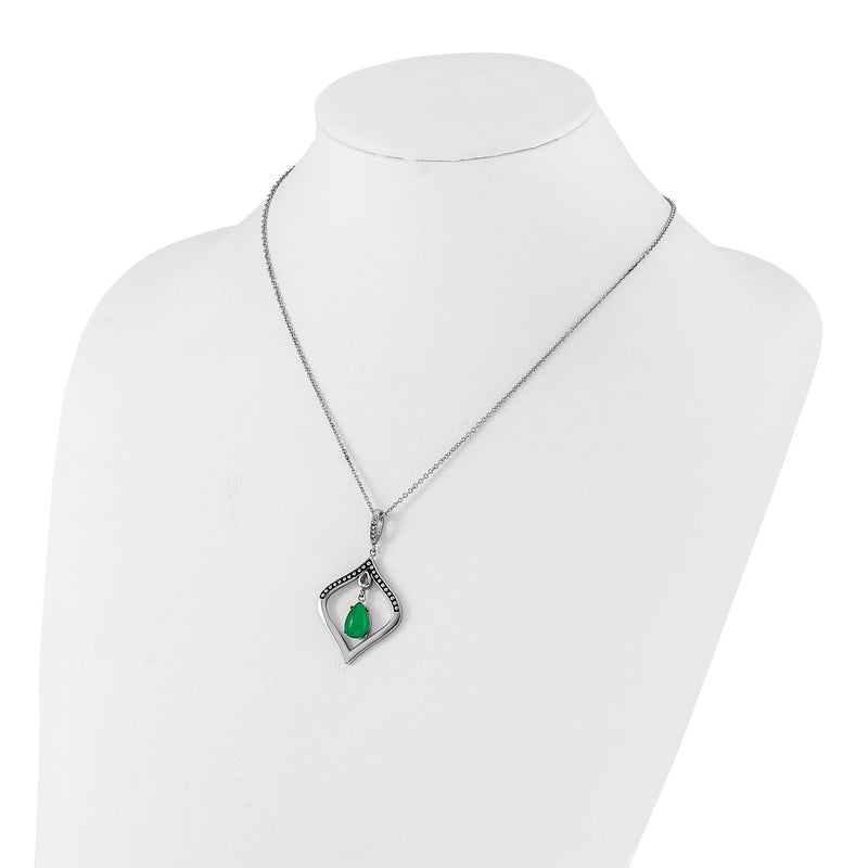 Stainless Steel Polished & Antiqued Synthetic Dyed Jade Cz W/2In Ext. Necklace