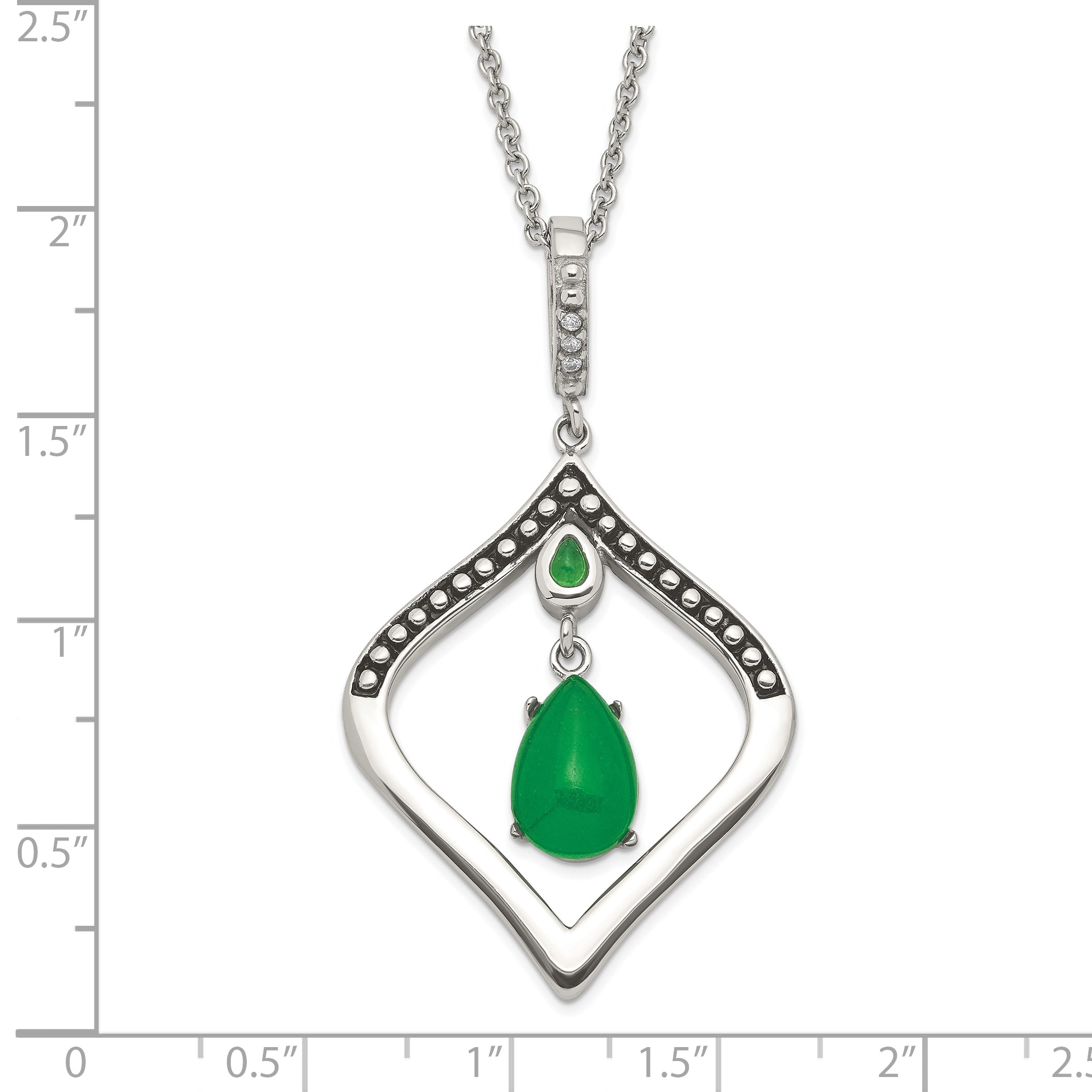 Stainless Steel Polished & Antiqued Synthetic Dyed Jade Cz W/2In Ext. Necklace
