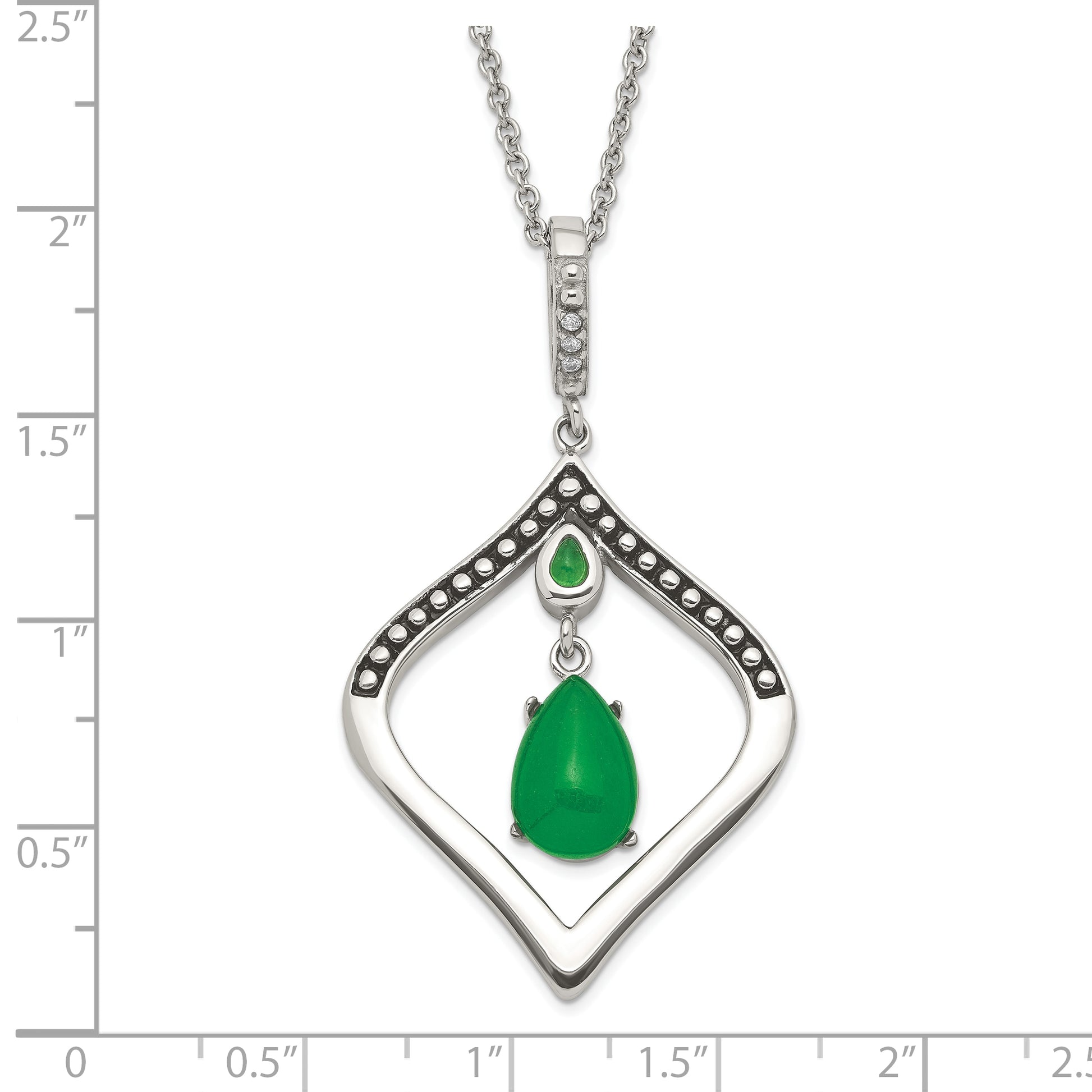 Stainless Steel Polished & Antiqued Synthetic Dyed Jade Cz W/2In Ext. Necklace